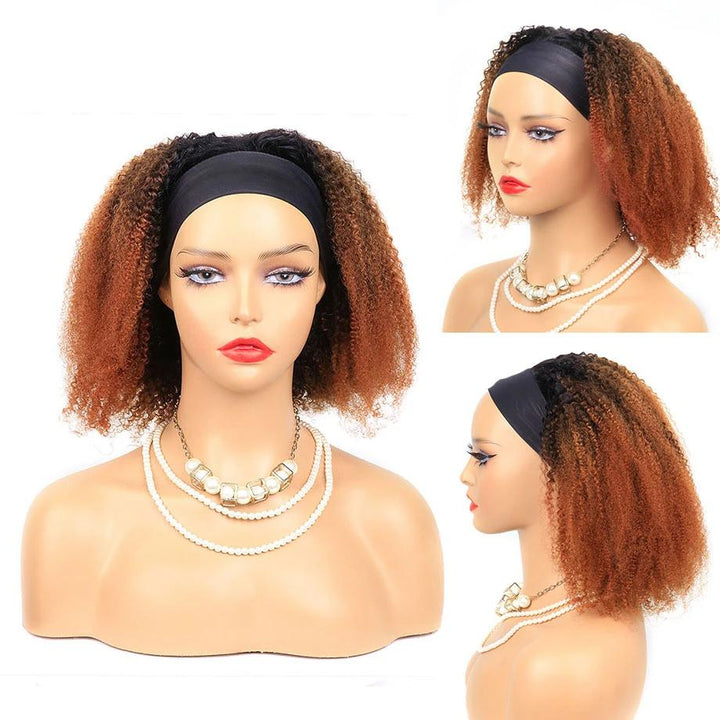Model showing two different styles with kinky curly bob headband wig—natural and accessorized look.