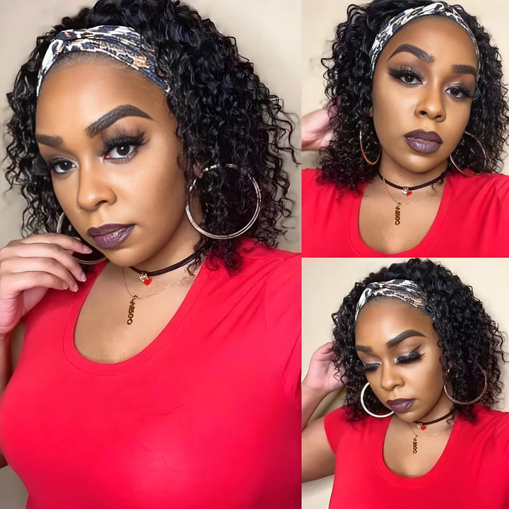 Three-angle collage of model wearing kinky curly bob headband wig with leopard-style band and voluminous curls.