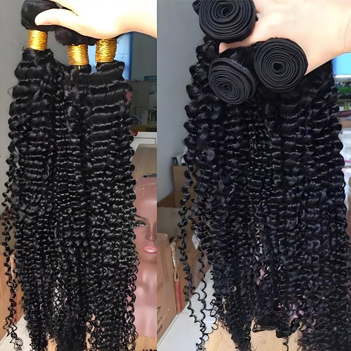 Closeup of EuxmeHair kinky curly bundles displaying uniform curl texture and healthy sheen under natural light.
