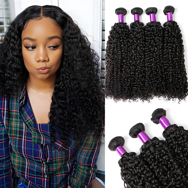 Model wearing Mongolian kinky curly hair with side-by-side bundles shown in loose natural layout.