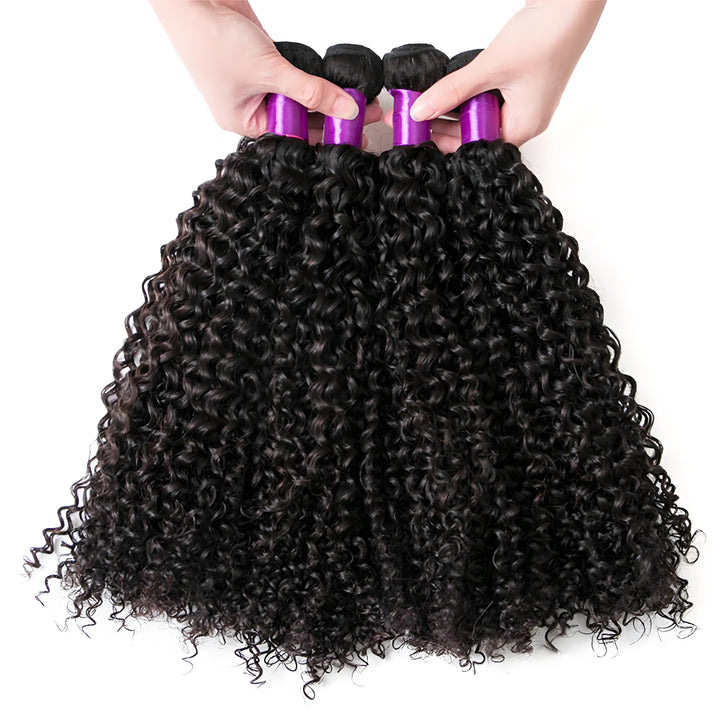 Five kinky curly hair bundles displayed in hand with rich natural color and defined curl pattern.