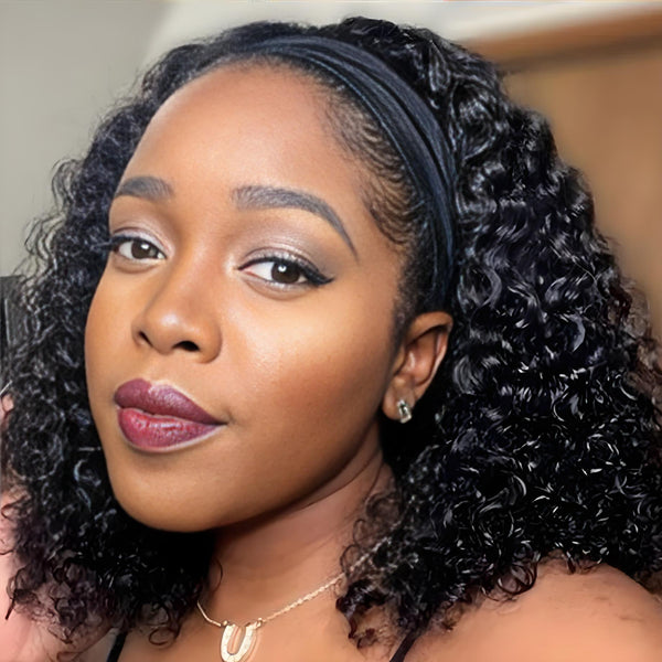Side and back view of kinky curly headband wig worn on mannequin showing curl density and headband fit.