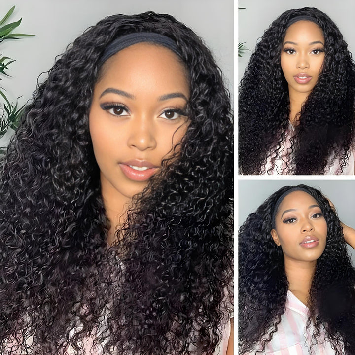 Close-up of kinky curly headband wig cap with breathable mesh and adjustable strap.