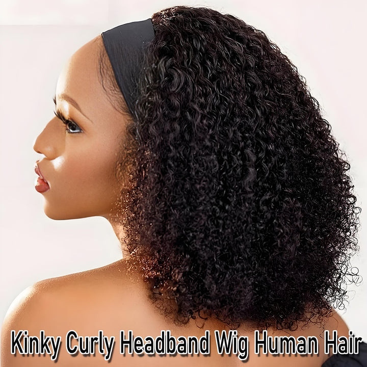 Kinky curly headband wig styled with blue and green floral headband on mannequin.