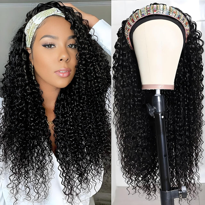 Angled mannequin shots of kinky curly headband wig highlighting natural curls and cap design.