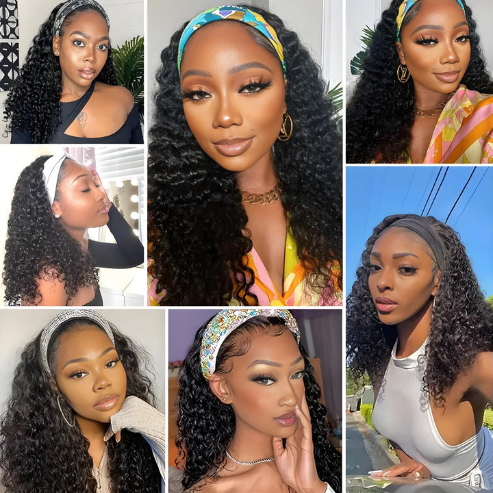 Kinky curly bob headband wig displayed with different colorful headbands for versatile styling.