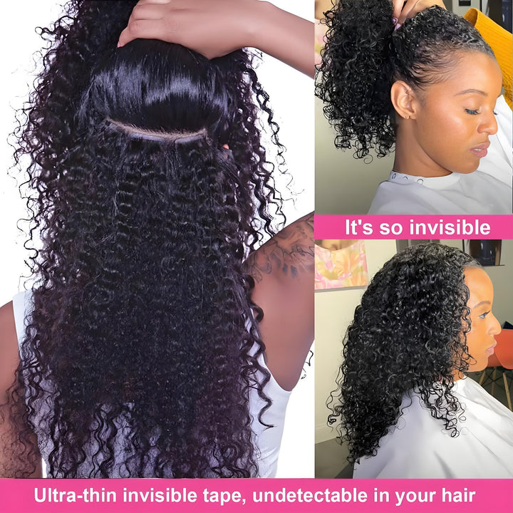 Advantages of kinky curly tape-in extensions—natural color, waterproof strong adhesive, and seamless blend.