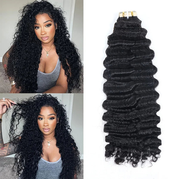 Step-by-step guide showing how to apply natural color kinky curly tape-in hair extensions.