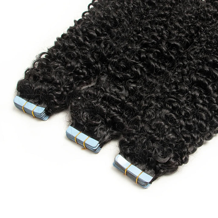 Blue double-sided tape tabs on kinky curly extensions in natural color with size 4 cm × 0.8 cm for secure hold.
