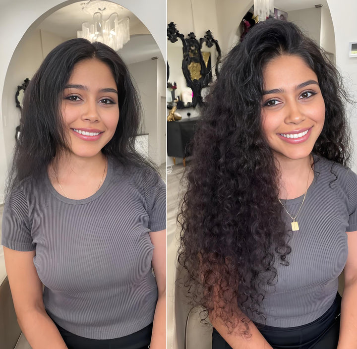 Front view of natural color kinky curly tape-in hair extensions showing curl definition and volume.