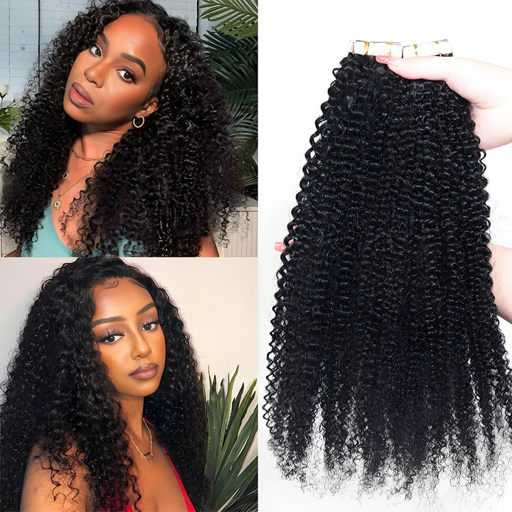 Premium quality chart for kinky curly natural color tape-in extensions—Remy hair, tangle-free, invisible wear.