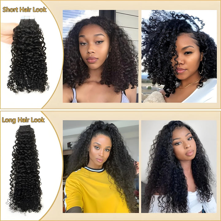 Soft, healthy ends of natural color kinky curly tape-in hair extensions, full from root to tip.