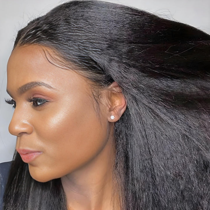 Side profile showing natural hairline and texture of kinky straight lace closure wig.