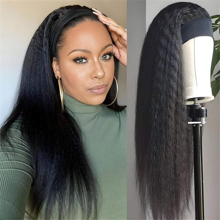 Highlighting benefits of kinky straight headband wig: glueless, beginner-friendly, fast install, and natural finish.