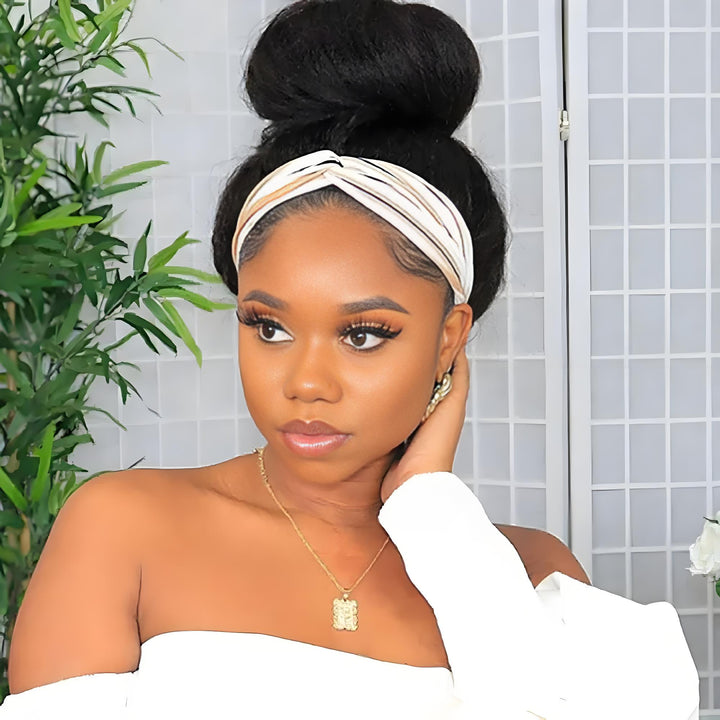 Cap sizing chart and fit details for EuxmeHair kinky straight headband wig, adjustable and secure.