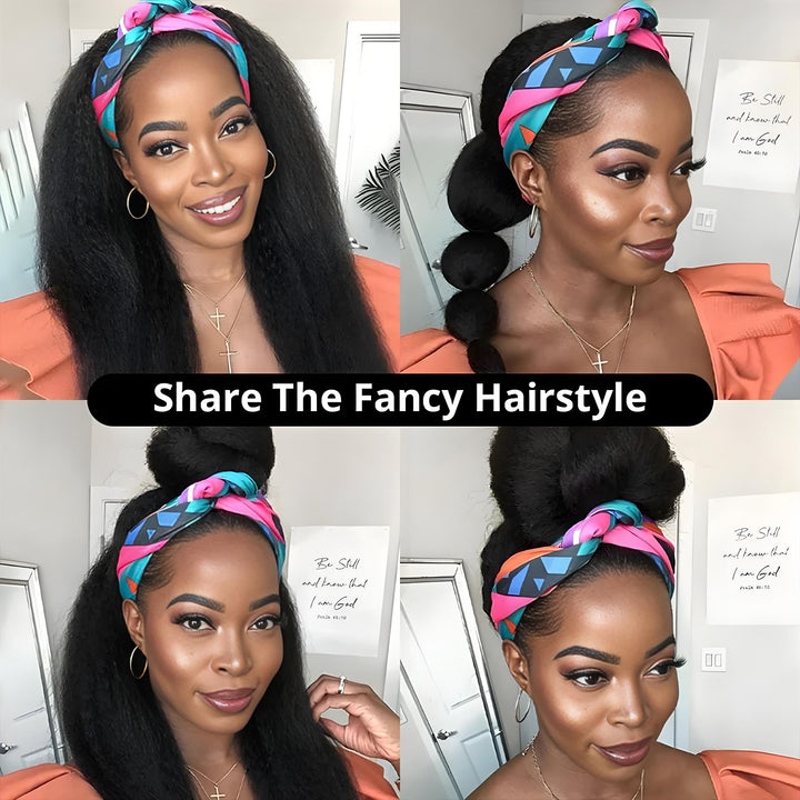 Front and side display of EuxmeHair kinky straight headband wig on model, showing natural luster and full volume.