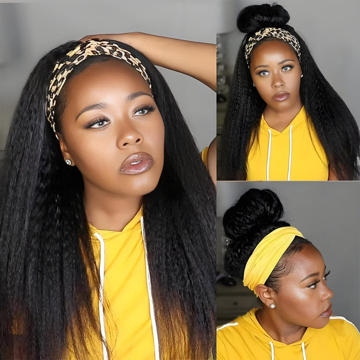 Step-by-step installation guide of kinky straight headband wig: from natural hair prep to secure velcro finish.