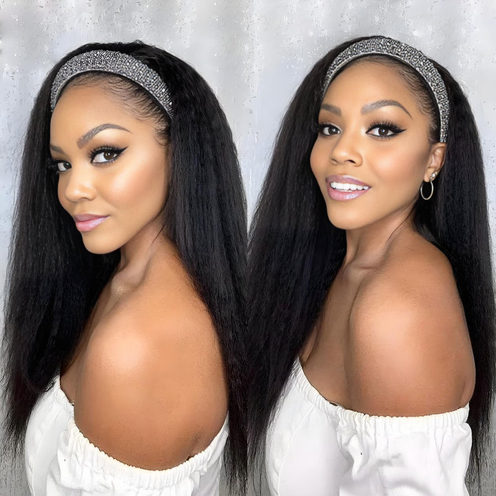 Three styling options for kinky straight headband wig: down, ponytail, and half-up bun for everyday versatility.