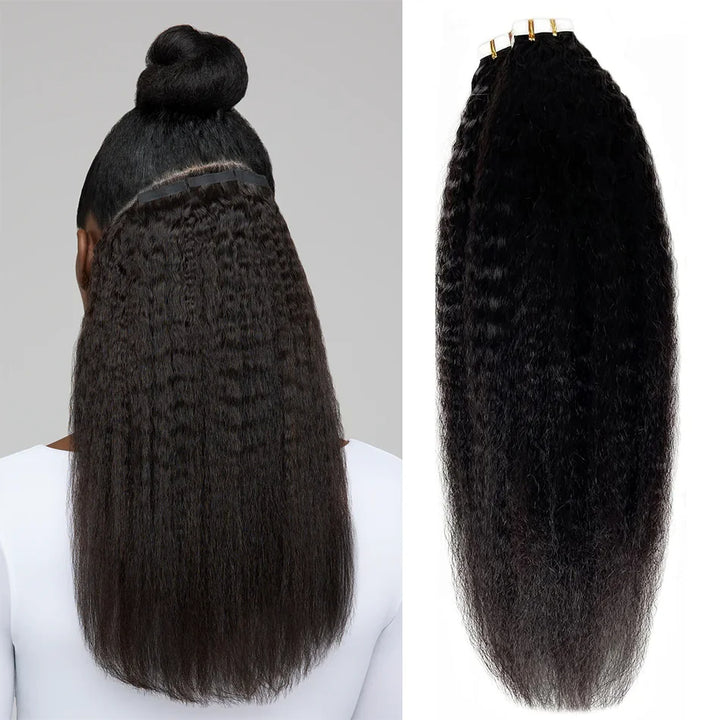 Back view of half-up hairstyle showing tape-in kinky straight extensions blended seamlessly with natural hair.