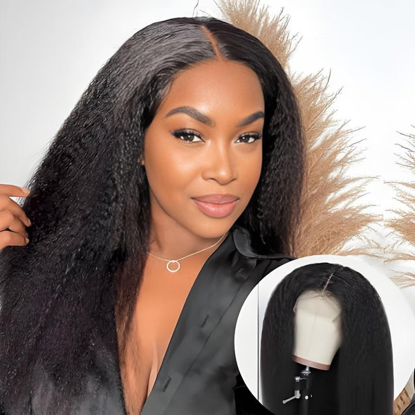 Close-up of model wearing middle part kinky straight wig with natural texture and shine.