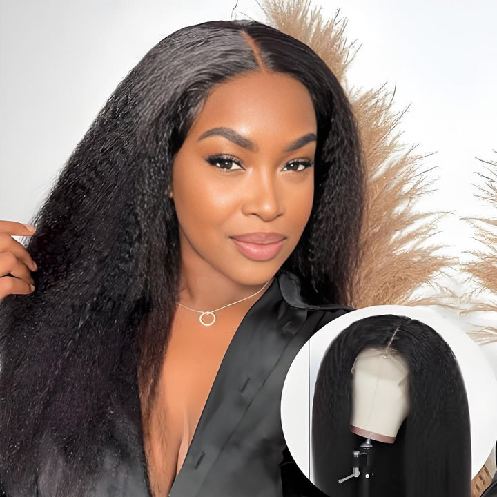 Close-up of model wearing middle part kinky straight wig with natural texture and shine.