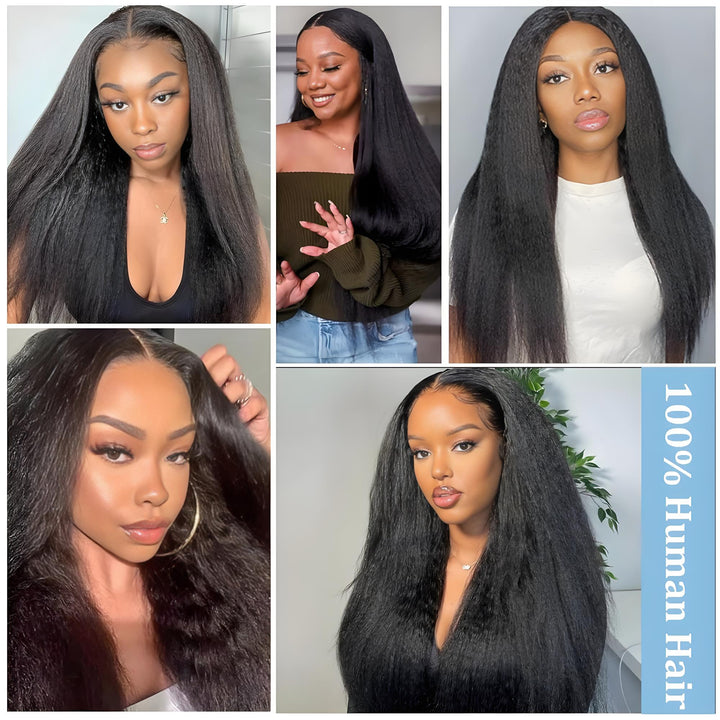 Collage of models wearing kinky straight hair showing various styles and volumes, highlighting versatility of 100% human hair.