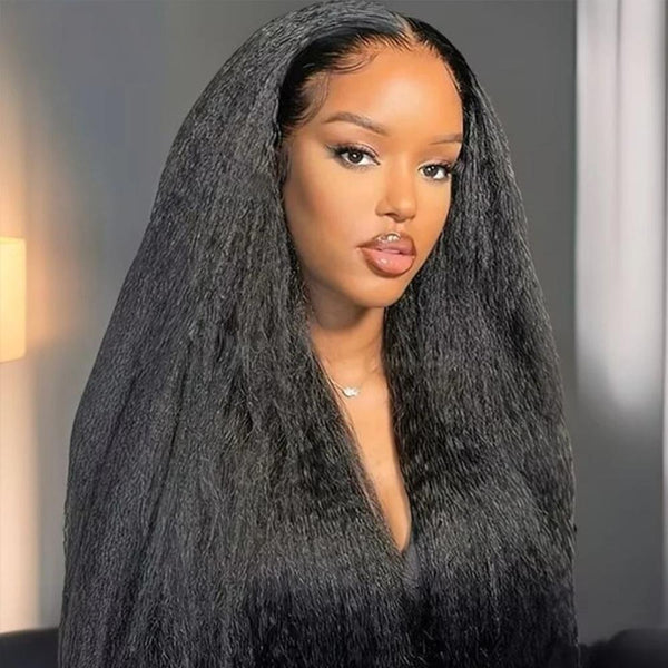 Model showcasing full and voluminous kinky straight wig with natural hairline in natural light setting.