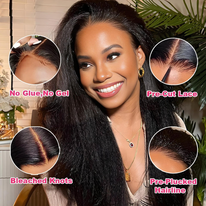 Smiling model wearing kinky straight wig with highlighted pre-cut lace, bleached knots and no-glue fit.