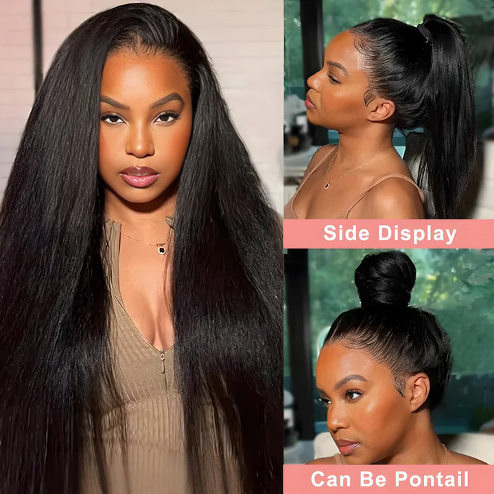 Kinky straight wig worn in ponytail and top bun styles, with clear lace blending and density.