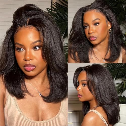 Models showcasing shoulder-length kinky straight lace wigs styled in different partings.