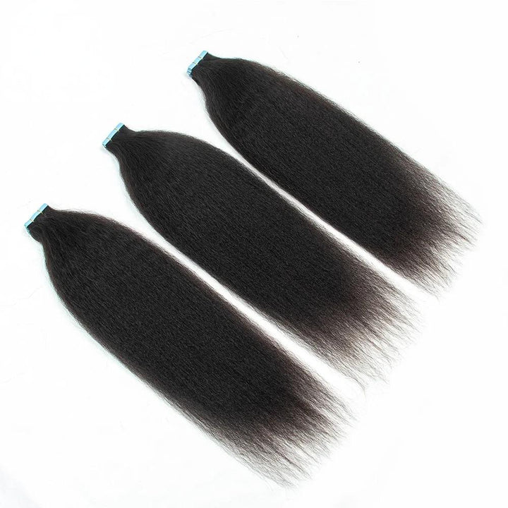 Three bundles of kinky straight tape-in hair laid flat on white background, showcasing natural color and texture.
