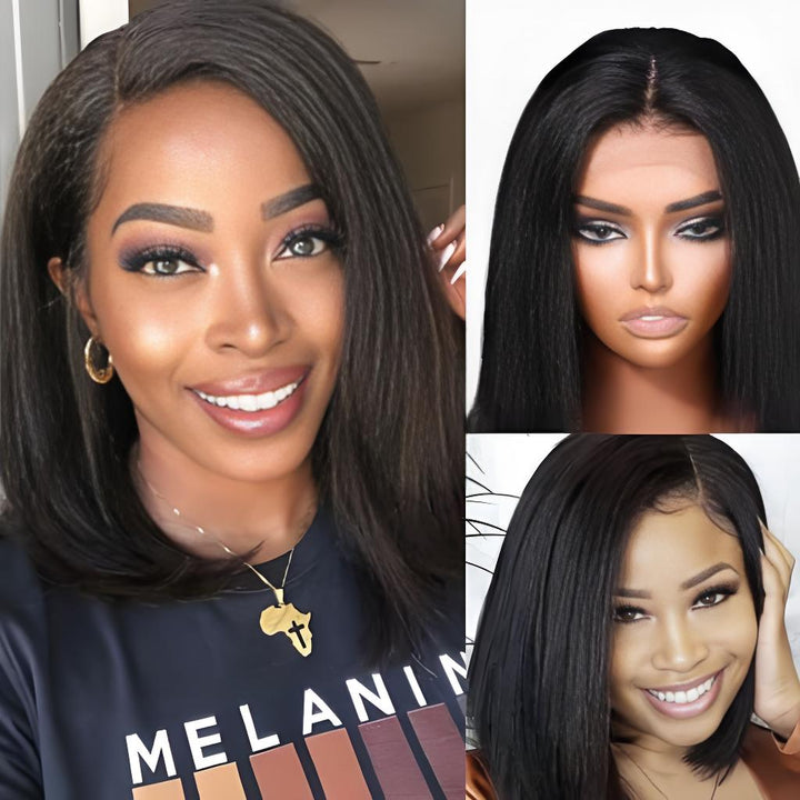 Kinky straight lace closure wig shown in various bob-length styles on different models.