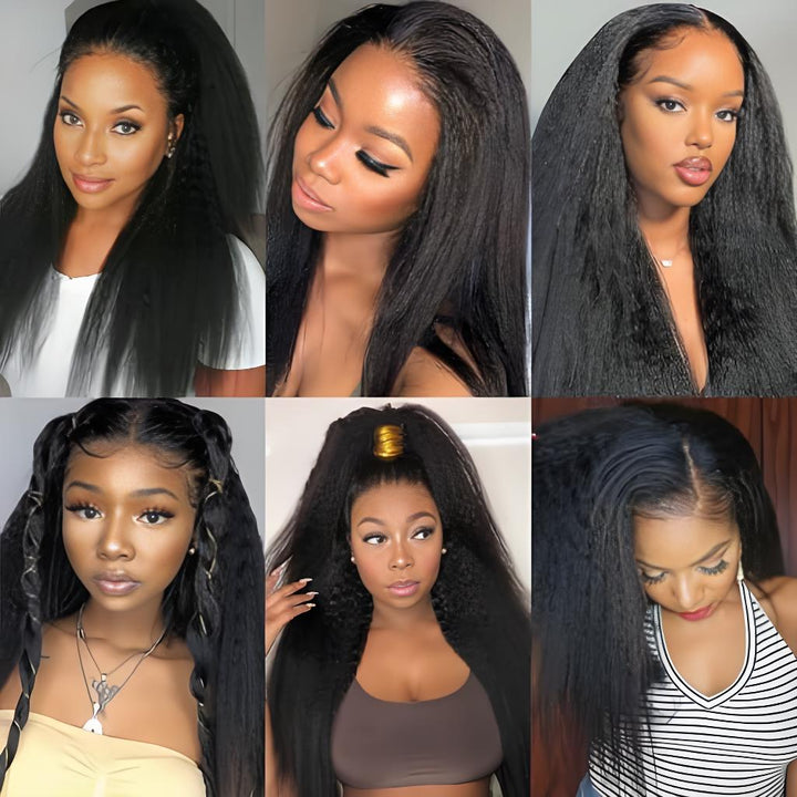 6-panel collage of different ways to style a kinky straight closure wig including buns and braids.