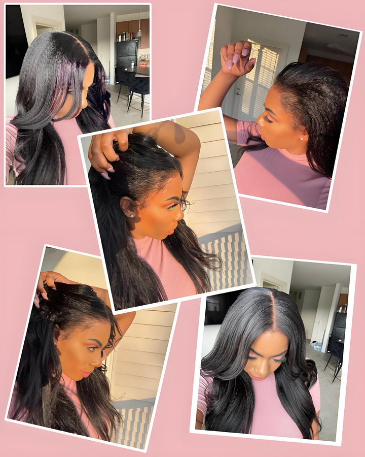Multiple angled shots of model wearing kinky straight wig styled with different partings and hair-ups.
