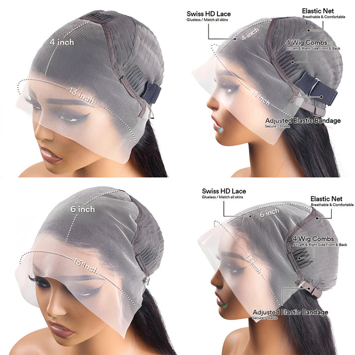 Detailed view of 13x4 and 13x6 HD Swiss lace cap construction with adjustable elastic band and combs for secure fit.