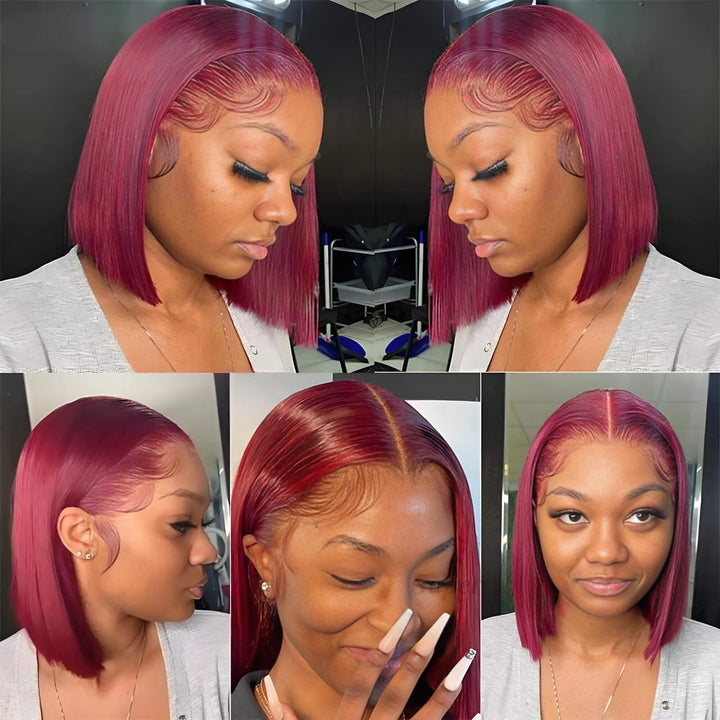 Side and angled views of a straight reddish burgundy bob wig styled with baby hairs and lace closure on a model.