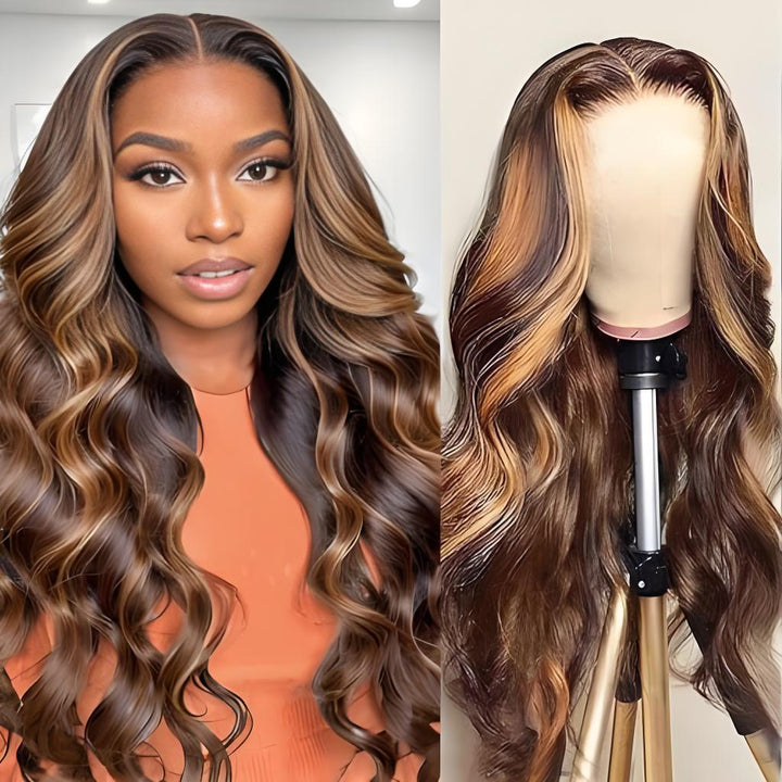 Model and wig stand display of honey blonde highlighted wig with bouncy body wave curls and HD lace center part.