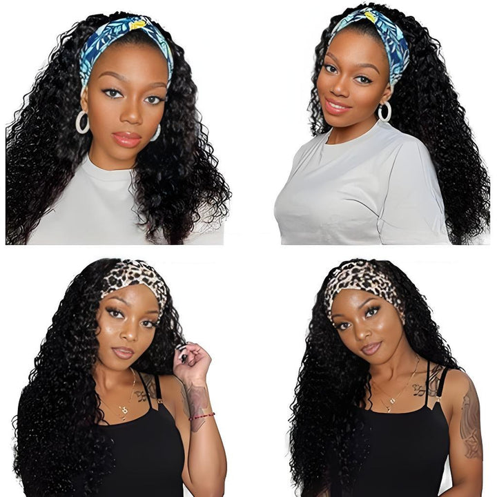 Models showcasing long headband wigs in various headband styles and curly textures.