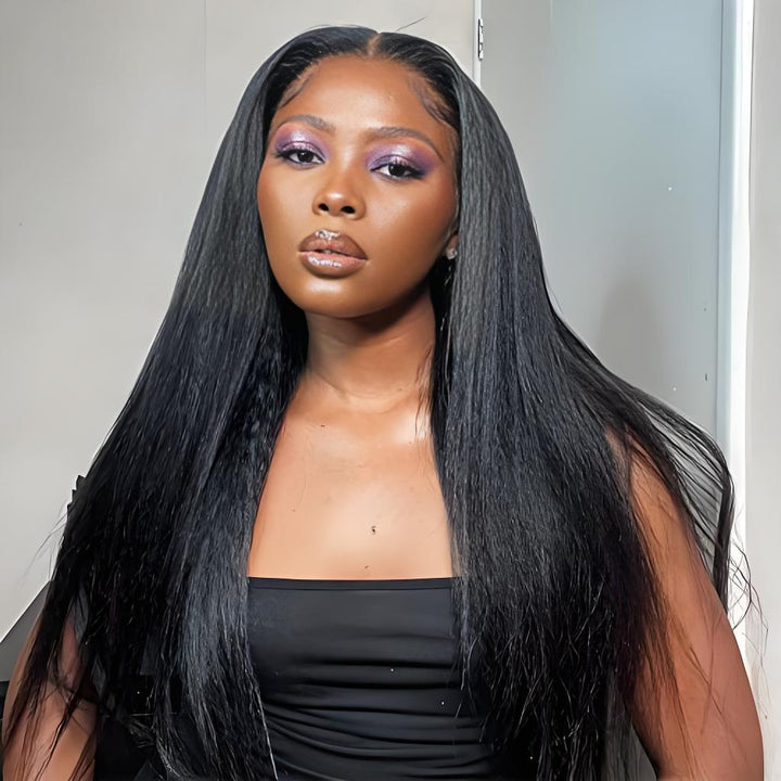 Long kinky straight lace wig styled sleek with HD lace frontal and defined part line.