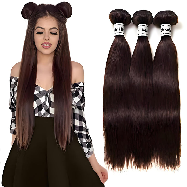 Model with long dark brown straight hair styled in space buns, alongside a close-up of three matching straight hair bundles.