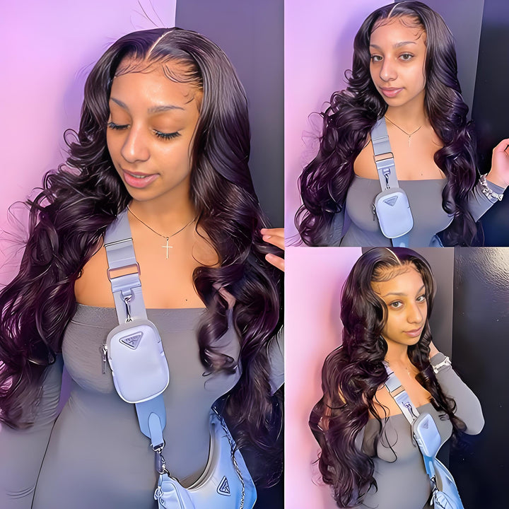 Body wave lace front wig with natural parting and curls, worn by model in casual outfit for a glamorous everyday look.