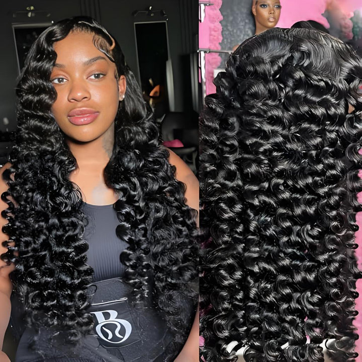 Model showing front and back of long loose wave wig with full density and bounce.
