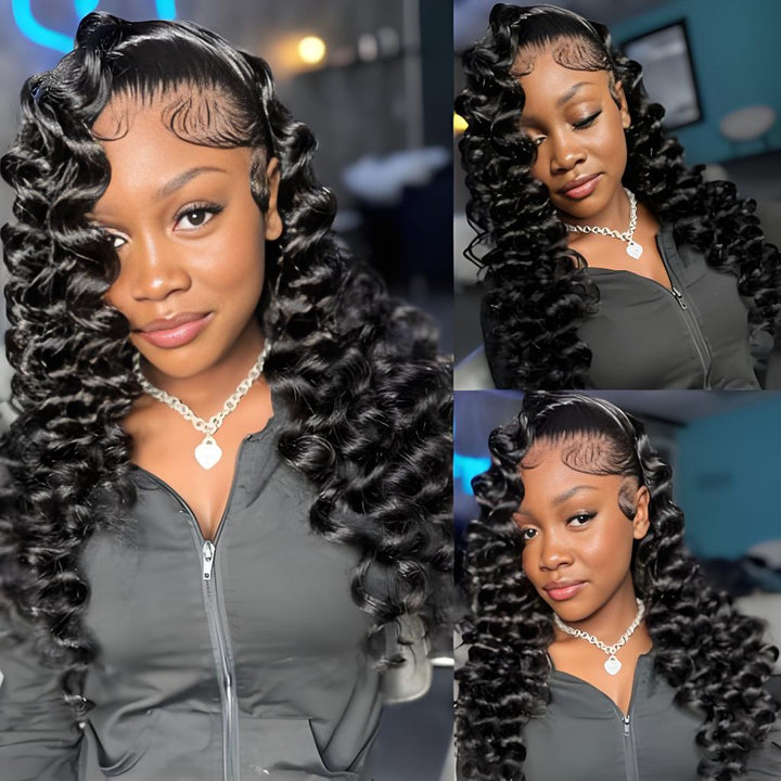 Loose wave 5x5 lace wig styled in high ponytail with sculpted edges and volume.