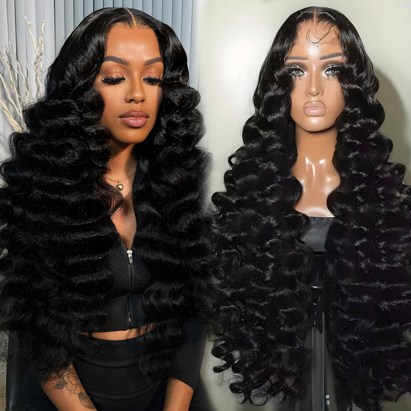 Loose Wave Wig comparison with model and mannequin, showcasing natural shine, defined curls, and natural hairline.