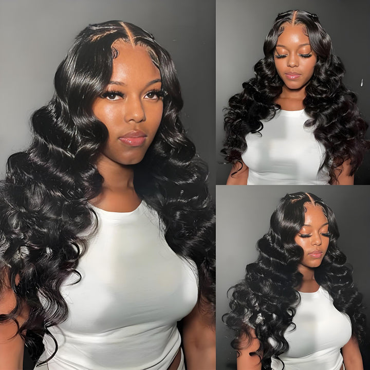 Loose wave lace wig displayed in various angles, styled with middle part and silky finish.
