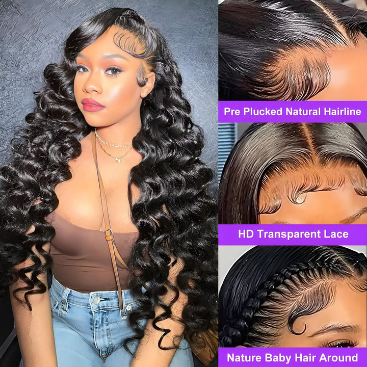 Model wearing EuxmeHair Loose Wave Wig with pre-plucked natural hairline, HD transparent lace, and baby hair around.