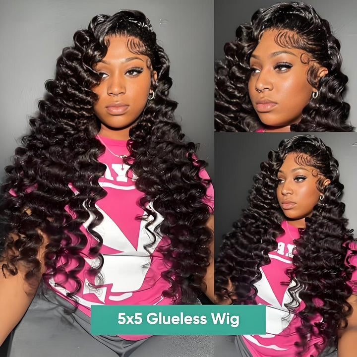 Loose wave glueless wig styled with side part and sculpted baby hairs.