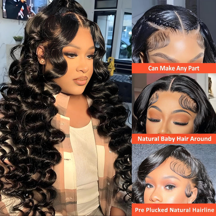 Model with EuxmeHair Loose Wave Wig showcasing natural baby hair, any-part flexibility, and pre-plucked natural hairline.