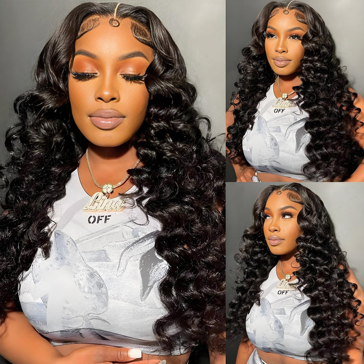 Model showing EuxmeHair 13x6 Loose Wave HD Lace Wig in natural black, with soft curls and pre-plucked natural hairline from different angles.