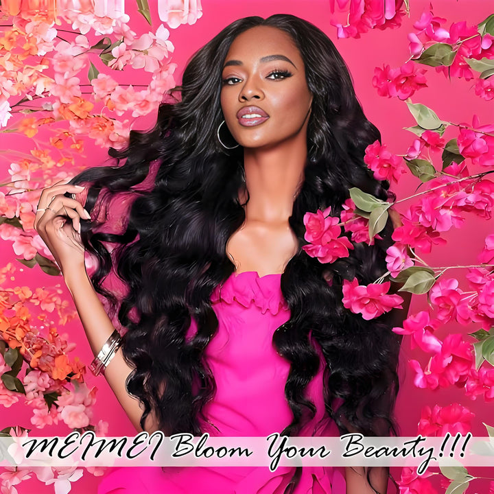 Promotional image of EuxmeHair Loose Wave Wig with natural color, worn by model in floral pink background, showing soft flowing curls.